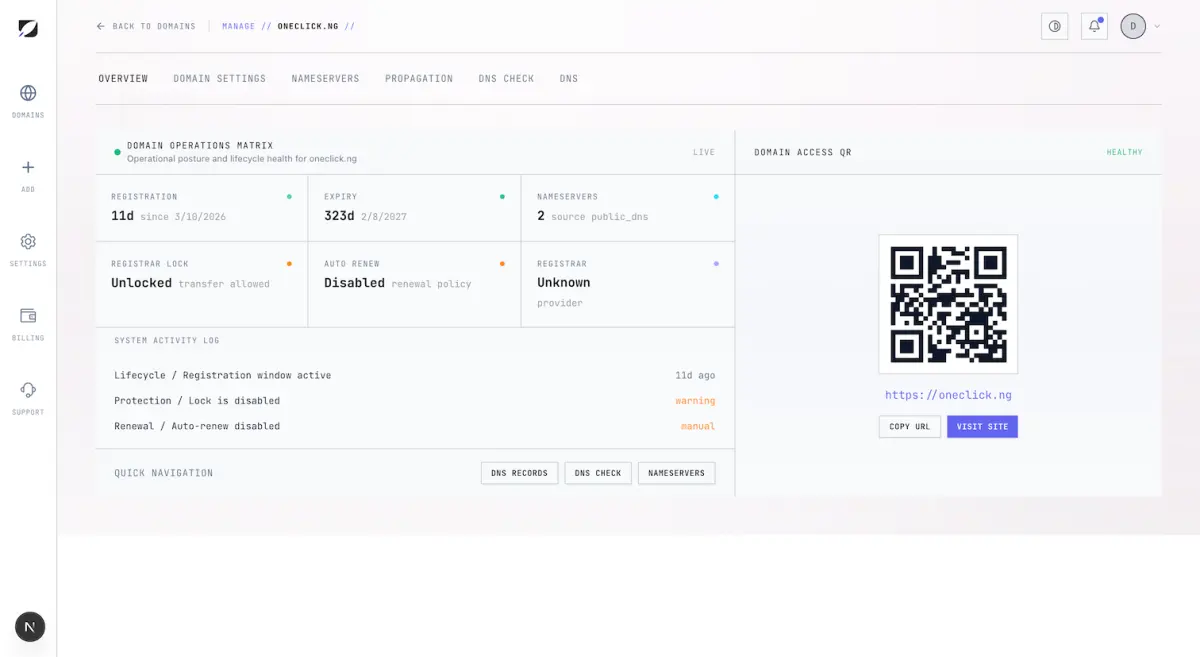 A domain’s overview in the OneBit panel: registration and expiry dates, nameserver count and recent activity